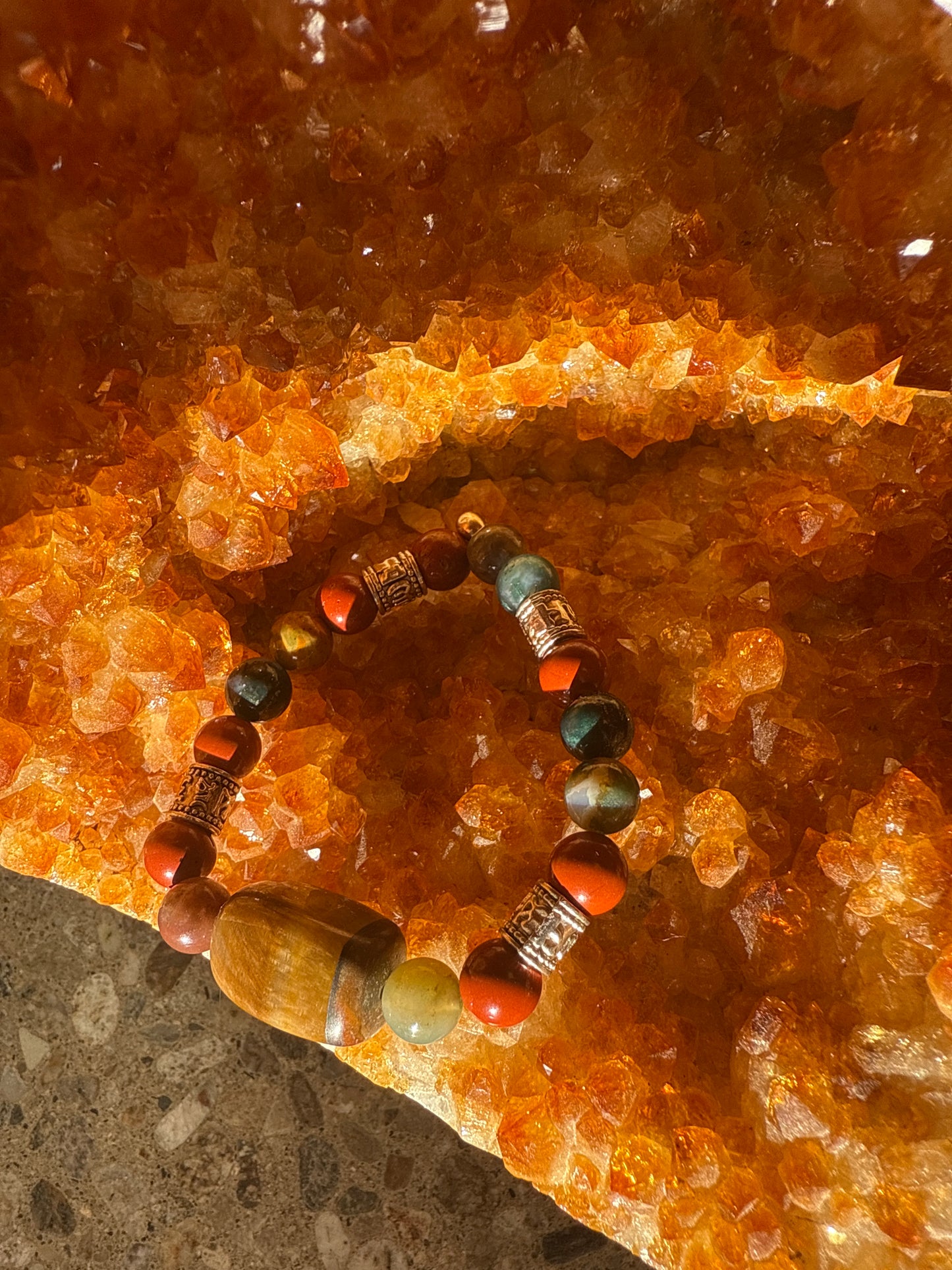 Tibetan Om Mantra Bracelet with Tiger’s Eye, Bloodstone, and Red Jasper Small 6.5 inch