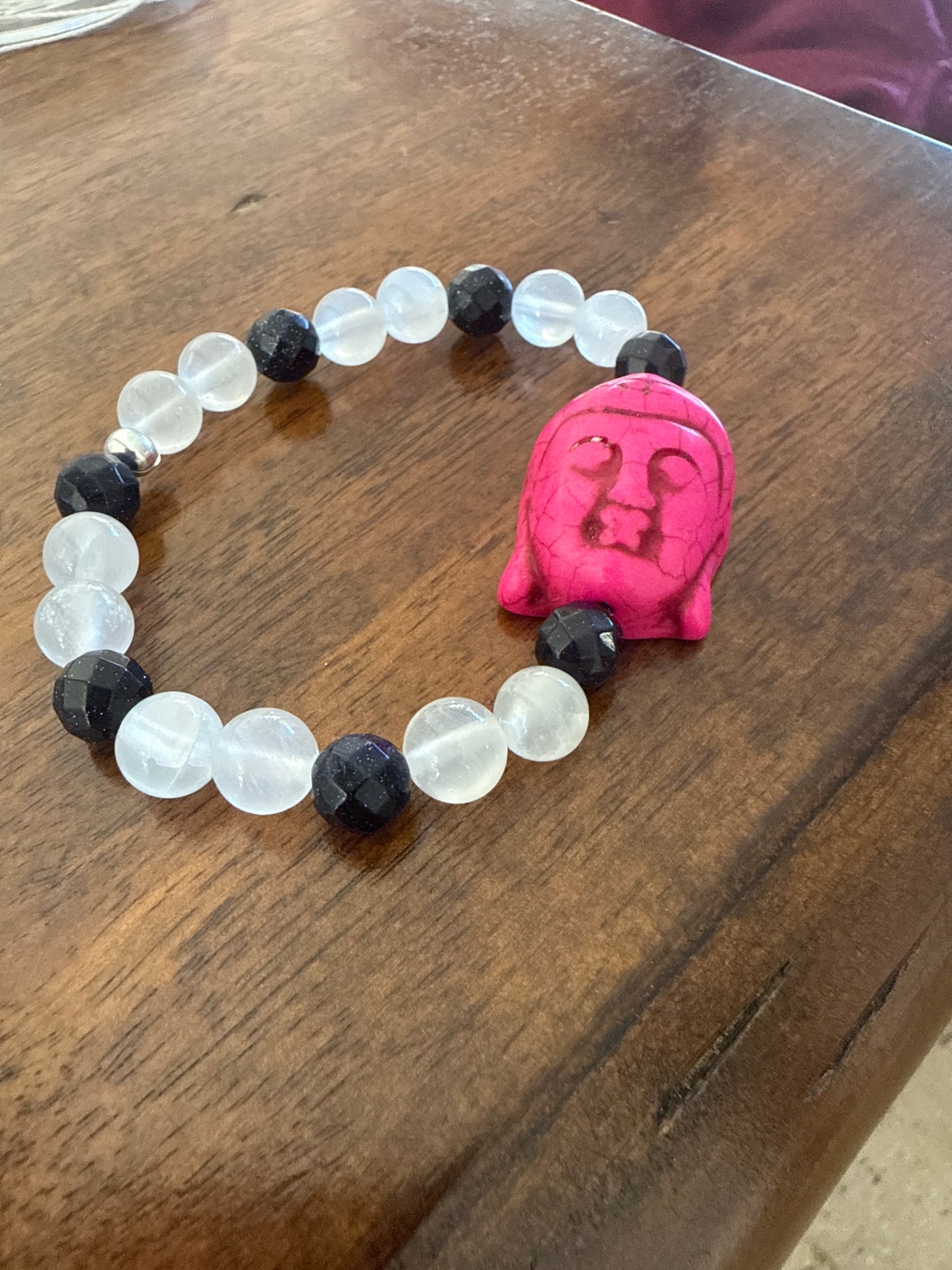 Carved Buddha Head Dyed Hot Pink Howlite with Selenite & Goldstone Bead Bracelet – Medium 7inch