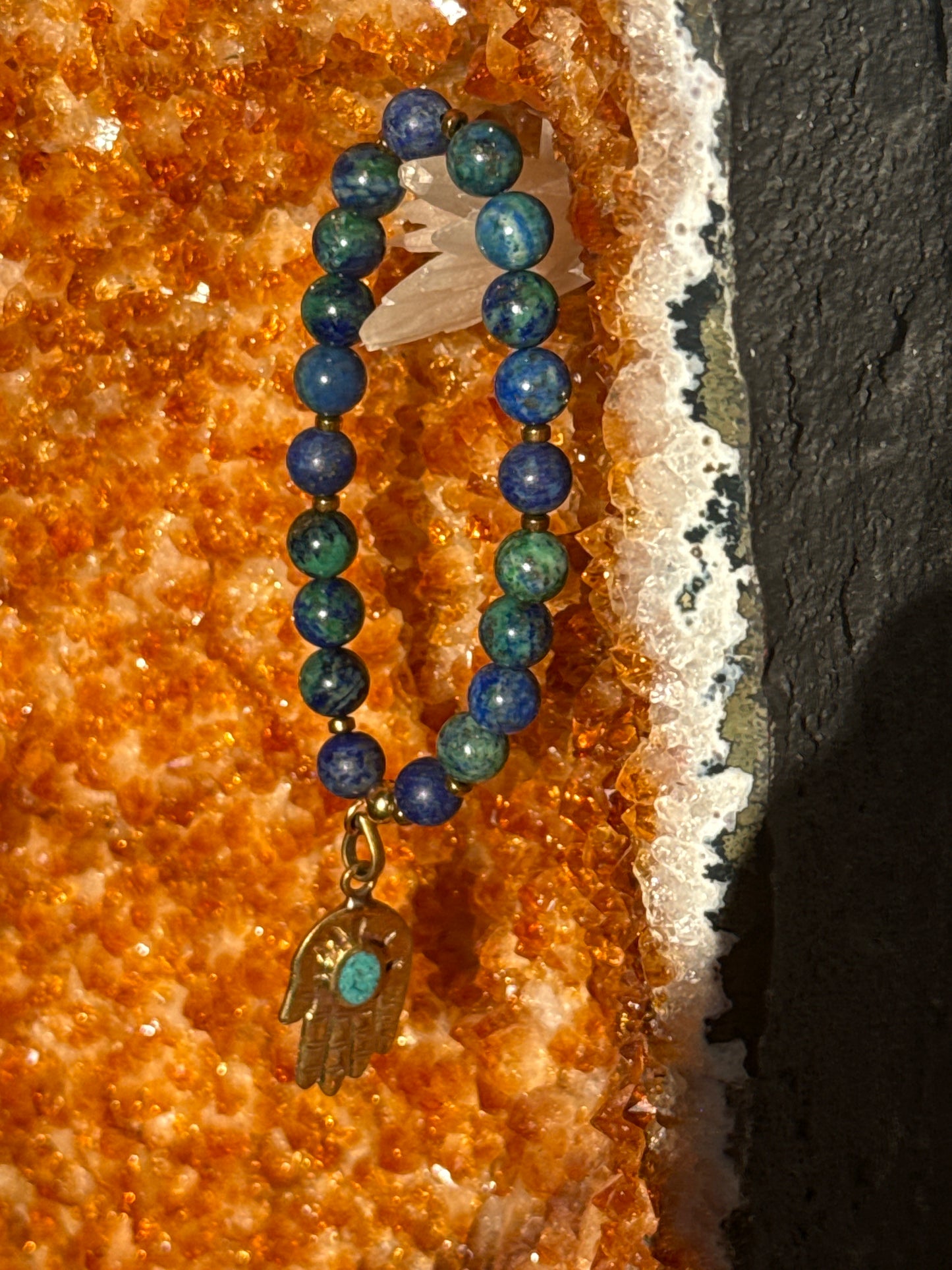 Brass Turquoise Tibetan Buddha Hand Bracelet with Polished Azurite & Matte Lapis Lazuli Small 6.5 inch