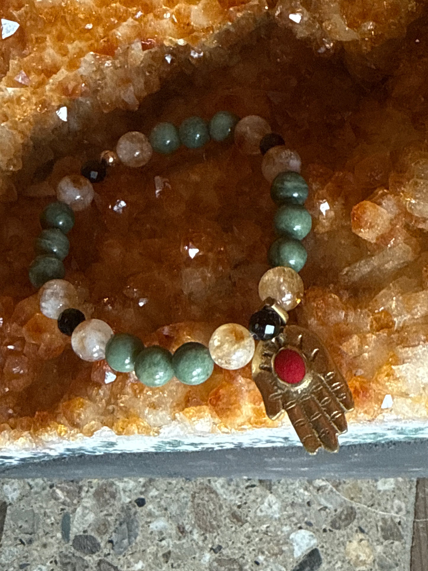 Red Coral Tibetan Brass Buddha Hand Bracelet with Natural Citrine, Faceted Black Tourmaline, and Jade 7inch Medium