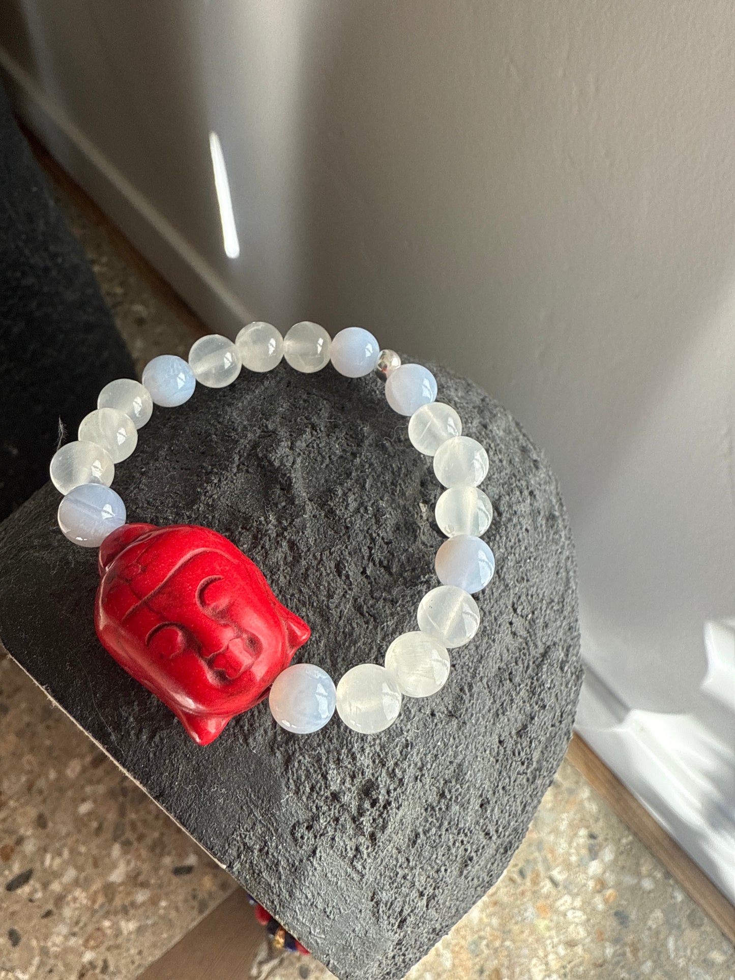 Healing Carved Red Howlite Buddha Bracelet with Selenite and Blue Lace Agate Size Small 6.5inch