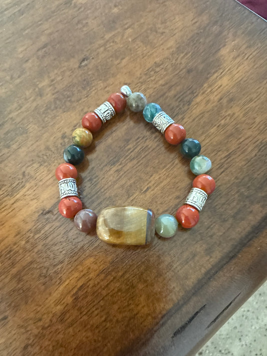 Tibetan Om Mantra Bracelet with Tiger’s Eye, Bloodstone, and Red Jasper Small 6.5 inch