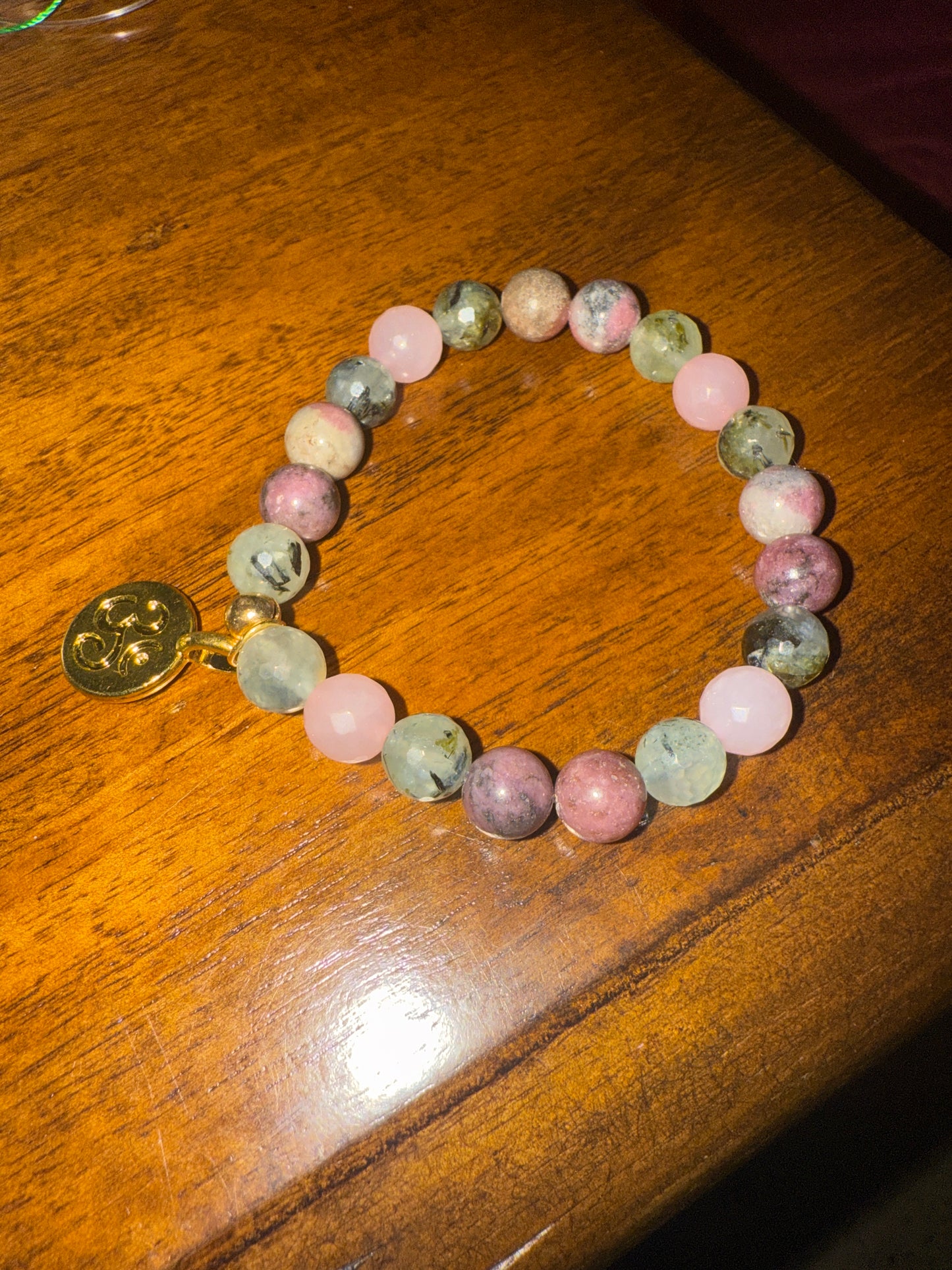 Prehnite, Rhodonite & Faceted Rose Quartz OM Bracelet 6.5 inch small