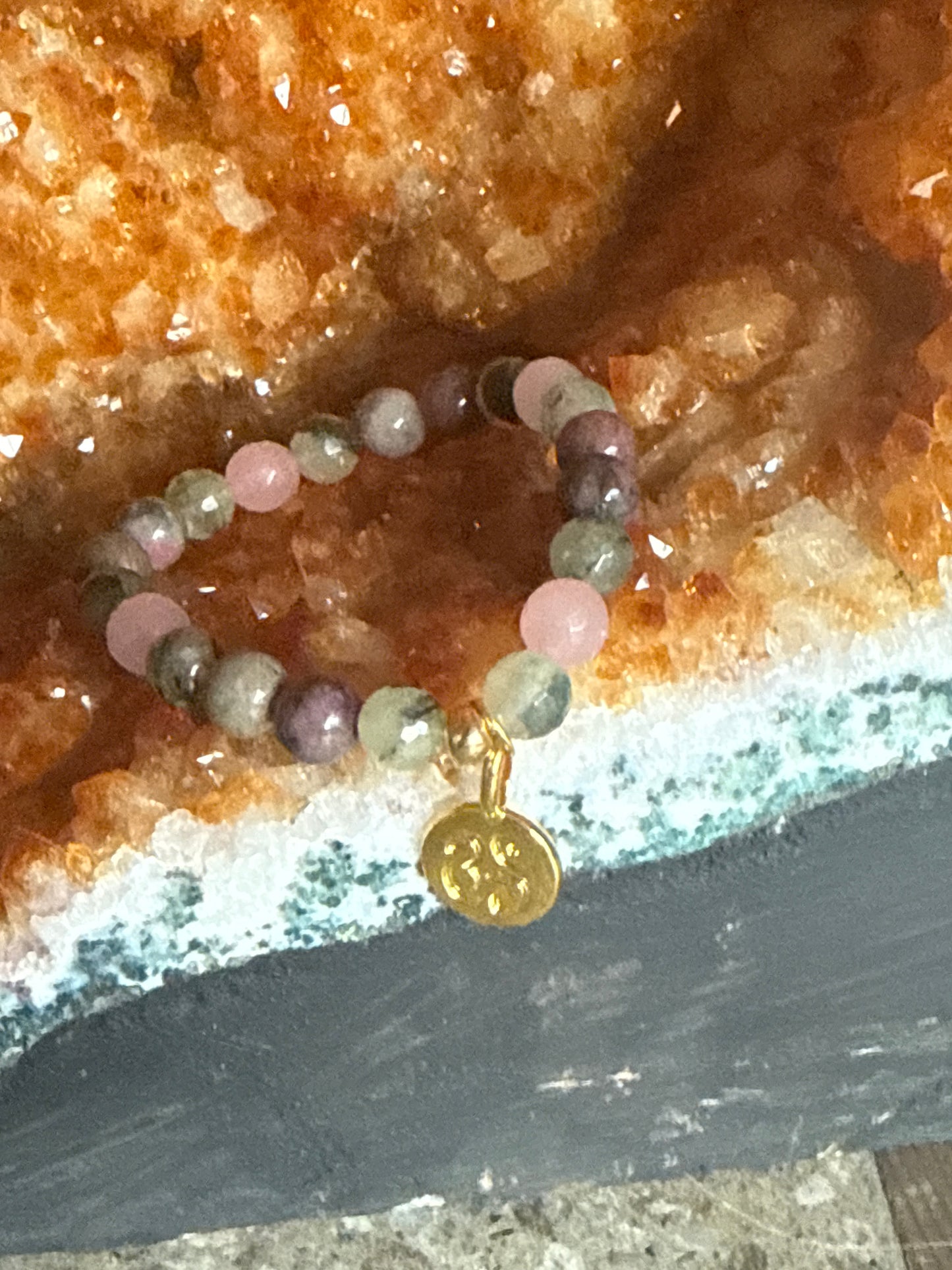 Prehnite, Rhodonite & Faceted Rose Quartz OM Bracelet 6.5 inch small