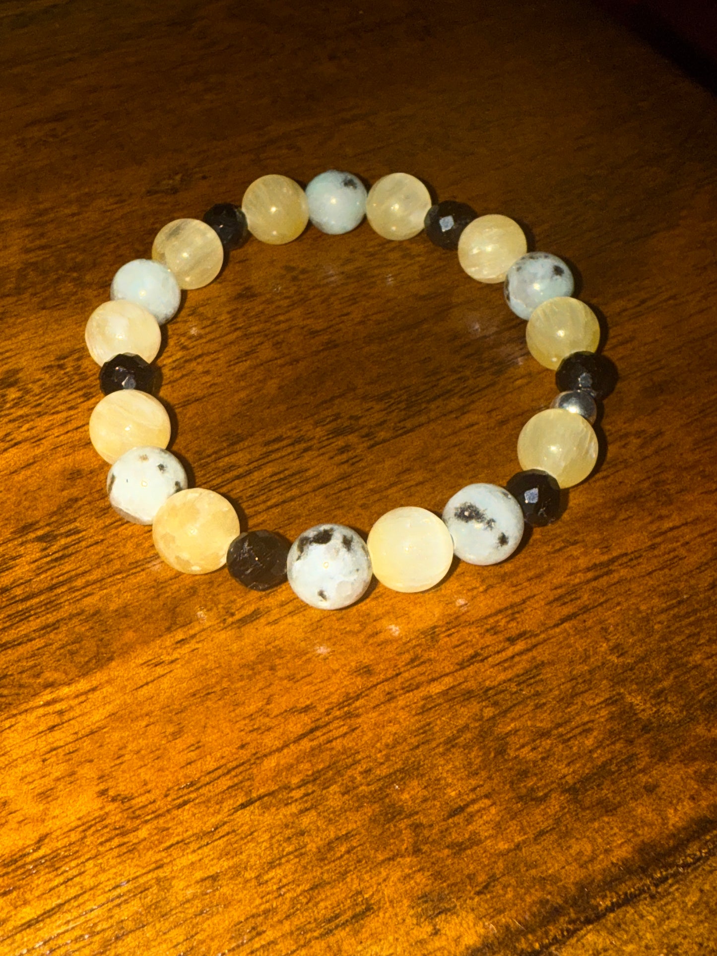 Lotus Jasper, Gold Selenite & Black Tourmaline Bracelet size small 6.5 inch