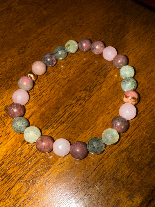 Prehnite, Rhodonite & Faceted Rose Quartz Bracelet 7inch Medium