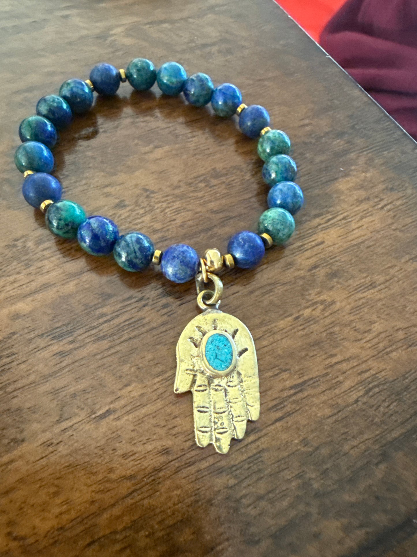 Brass Turquoise Tibetan Buddha Hand Bracelet with Polished Azurite & Matte Lapis Lazuli Small 6.5 inch