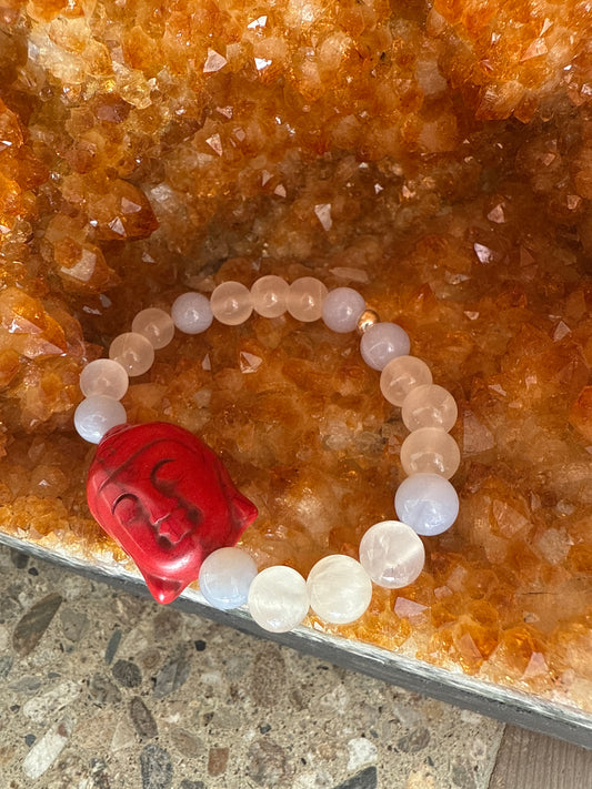 Healing Carved Red Howlite Buddha Bracelet with Selenite and Blue Lace Agate Size Small 6.5inch