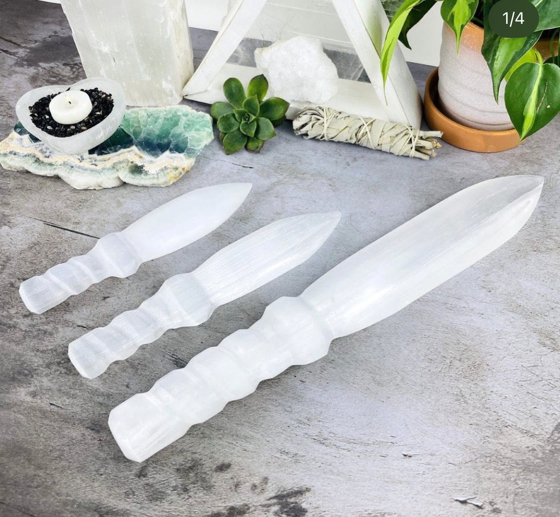 Selenite Knife with Twisted Handle Metaphysical - Chakra - Hand Carved and Polished 25cm